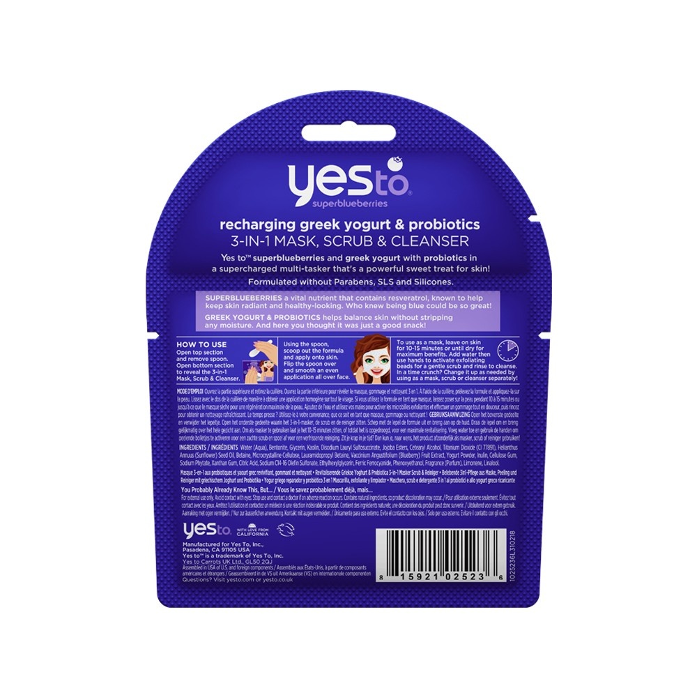 slide 3 of 3, Yes to SuperBlueberries Recharging Greek Yogurt Probiotics 3-in-1 Mask, Scrub & Cleanser, 0.5 oz
