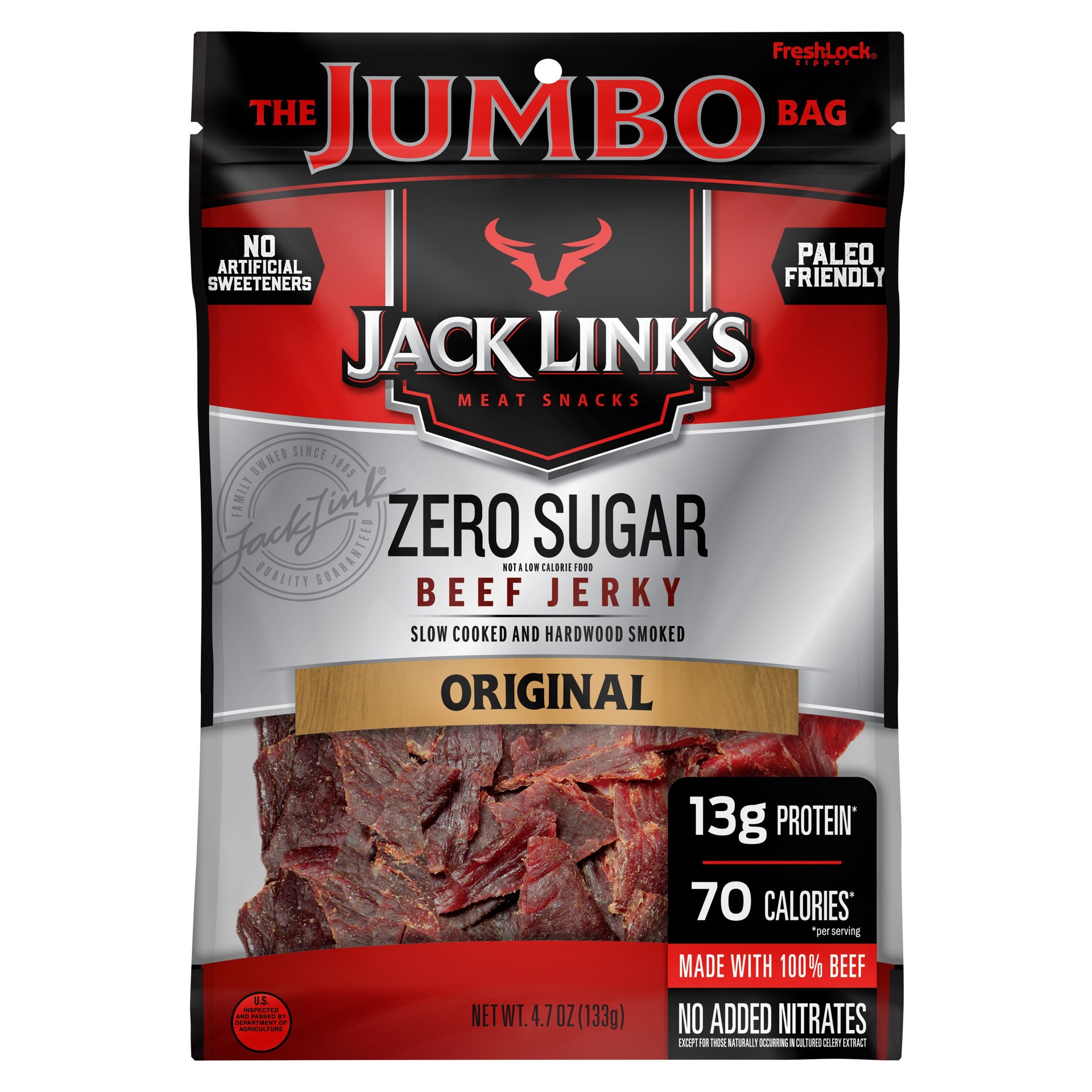 slide 1 of 2, Jack Link's Zero Sugar Original Beef Jerky Jumbo Bag - 4.7oz, 4.7 oz