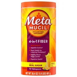 Metamucil, Daily Psyllium Husk Powder Supplement with Real Sugar, 4-in-1 Fiber for Digestive Health, Orange Smooth Flavored Drink, 72 Servings