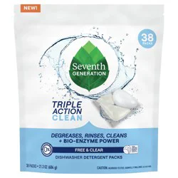Seventh Generation Triple Action Clean Dishwasher Detergent Packs Free & Clear 38 count
