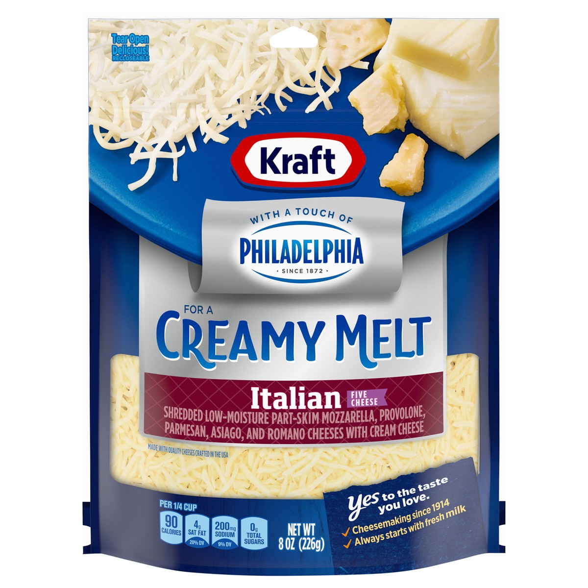 slide 1 of 13, Kraft Italian Five Cheese Blend Shredded Cheese with a Touch of Philadelphia for a Creamy Melt, 8 oz Bag, 8 oz
