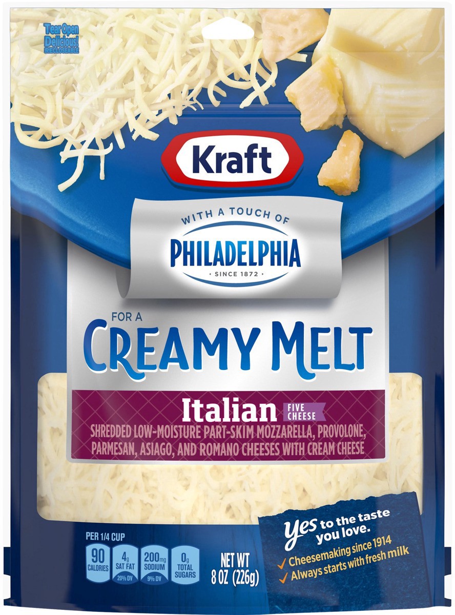 slide 6 of 13, Kraft Italian Five Cheese Blend Shredded Cheese with a Touch of Philadelphia for a Creamy Melt, 8 oz Bag, 8 oz