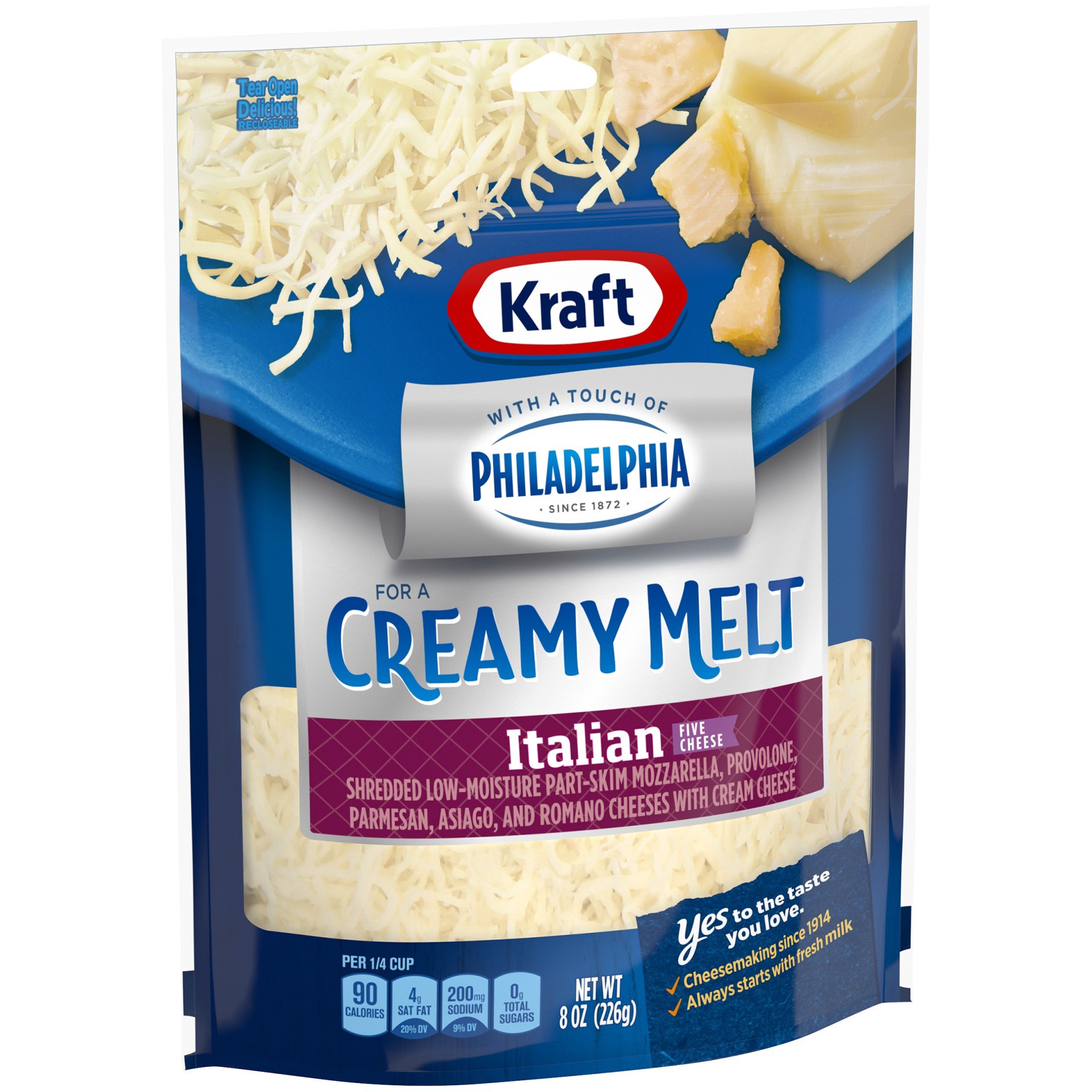 slide 13 of 13, Kraft Italian Five Cheese Blend Shredded Cheese with a Touch of Philadelphia for a Creamy Melt, 8 oz Bag, 8 oz