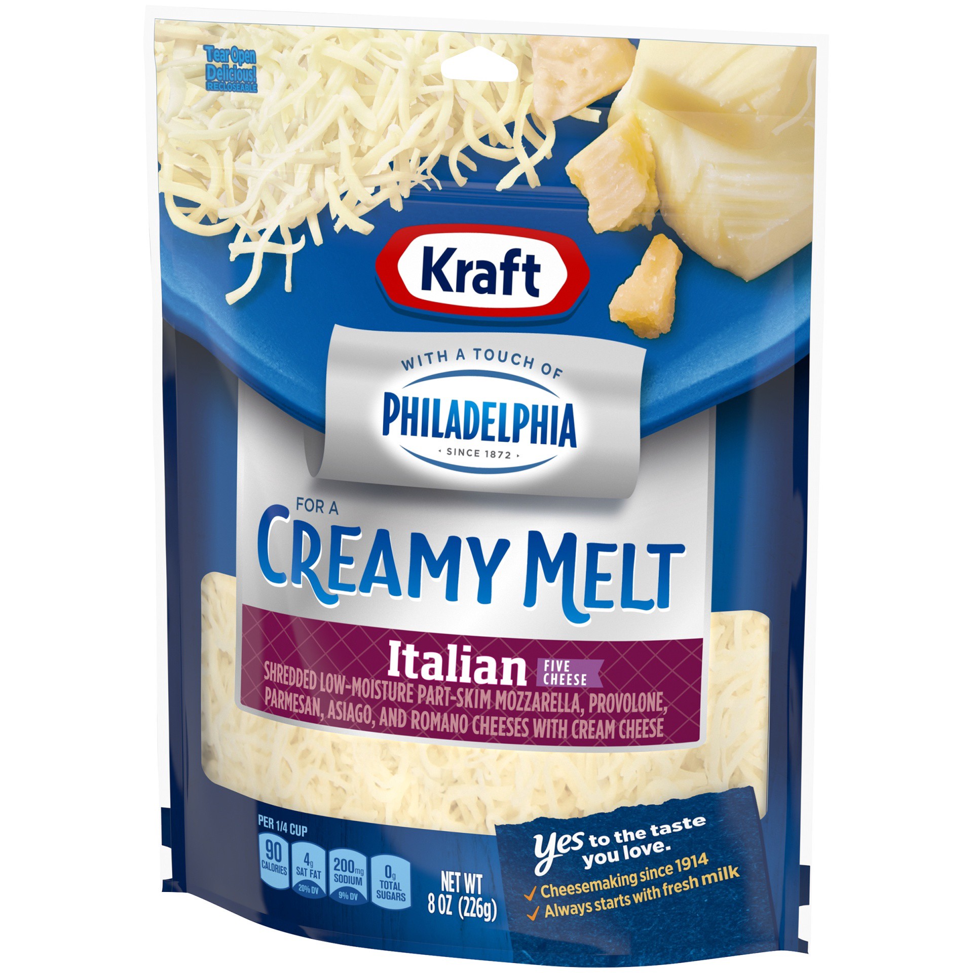 slide 8 of 13, Kraft Italian Five Cheese Blend Shredded Cheese with a Touch of Philadelphia for a Creamy Melt, 8 oz Bag, 8 oz