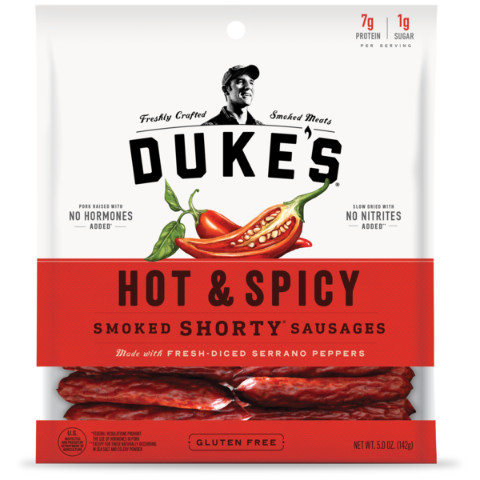 slide 1 of 1, Duke's Hot & Spicy"Shorty" Smoked Sausages, 5 oz