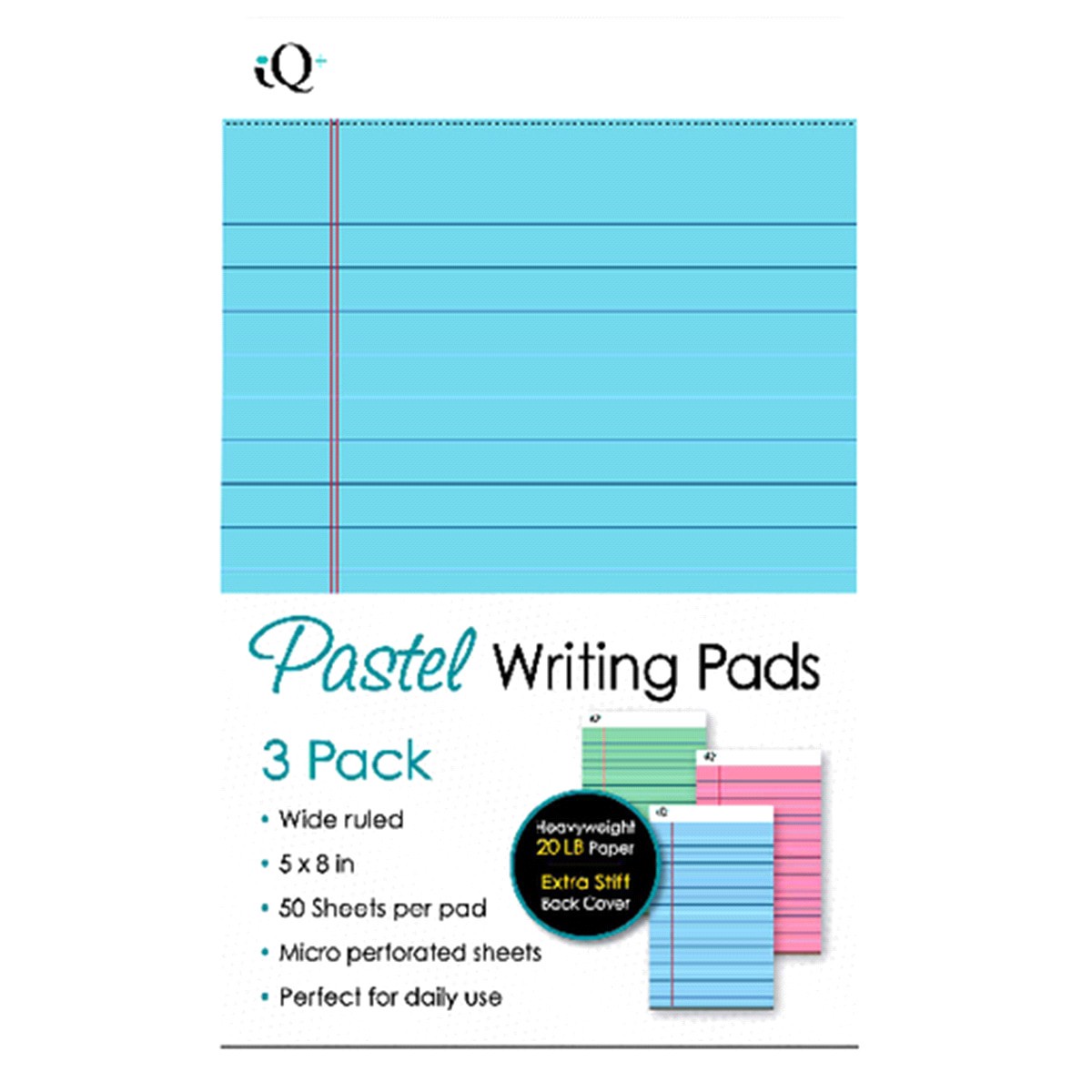 slide 1 of 1, iQ Pastel Writing Pads, Wide Ruled, 5" x 8" Per Pad, Assorted Pastel Colors, 50 sheets, 3 ct