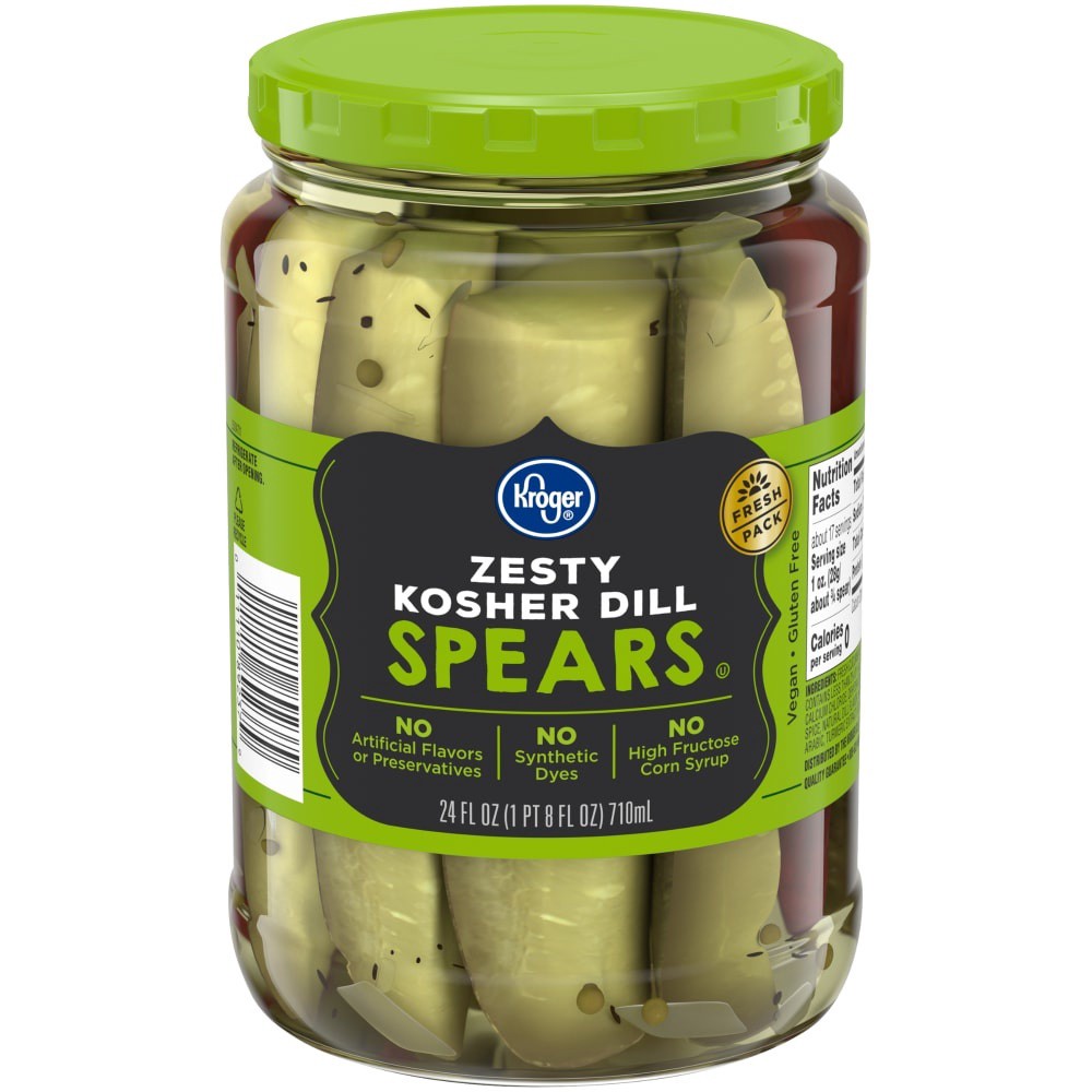 slide 1 of 3, Kroger Zesty Kosher Dill Pickle Spears, 24 fl oz