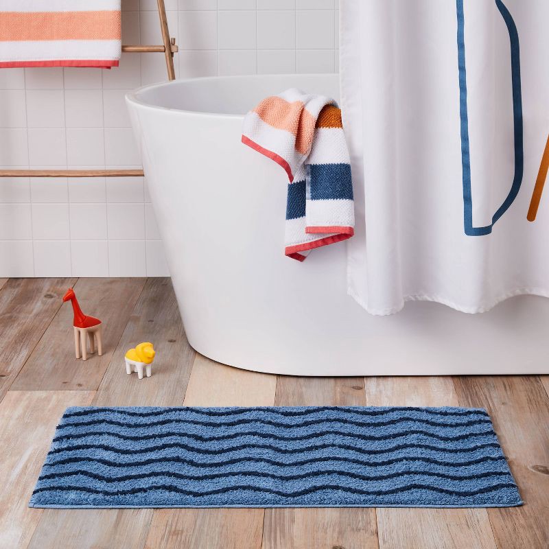 slide 2 of 4, Wave Kids' Bath Rug Navy - Pillowfort™: Tufted Cotton Bath Mat, 1'8"x2'10", OEKO-TEX Certified, Machine Washable, 1 ct