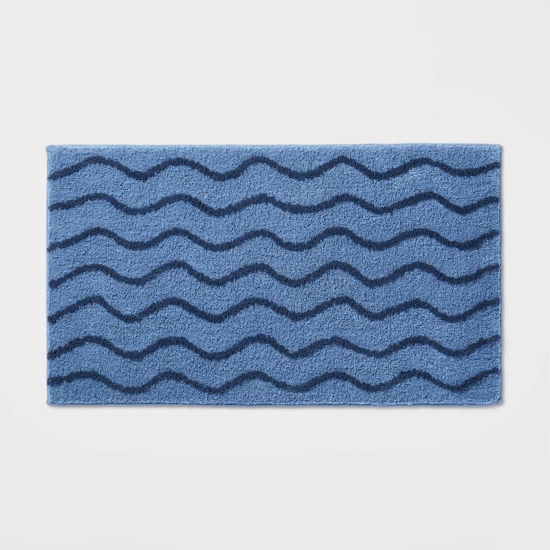 slide 1 of 4, Wave Kids' Bath Rug Navy - Pillowfort™: Tufted Cotton Bath Mat, 1'8"x2'10", OEKO-TEX Certified, Machine Washable, 1 ct