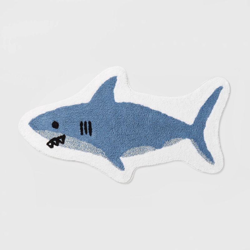 slide 1 of 4, Shark Kids' Bath Rug - Pillowfort™: Blue Cotton Tufted Kids Bathroom Mat, 1'8"x3'2", OEKO-TEX Certified, 1 ct