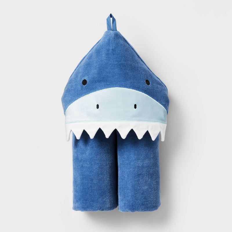 slide 4 of 4, 25"x50" Shark Kids' Hooded Towel - Pillowfort™: Cotton Velour, Lightweight, OEKO-TEX Certified, Machine Washable, 1 ct