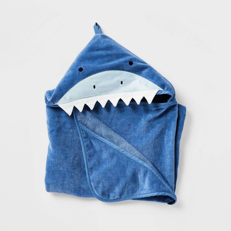 slide 1 of 4, 25"x50" Shark Kids' Hooded Towel - Pillowfort™: Cotton Velour, Lightweight, OEKO-TEX Certified, Machine Washable, 1 ct
