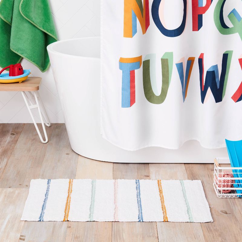 slide 2 of 4, Striped Kids' Bath Rug White/Blue - Pillowfort™: Cotton Woven Bath Mat, Kids Bathroom Decor, 1'8"x2'10", 1 ct