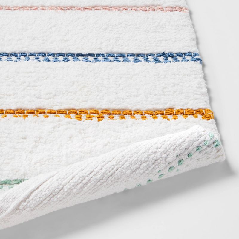 slide 4 of 4, Striped Kids' Bath Rug White/Blue - Pillowfort™: Cotton Woven Bath Mat, Kids Bathroom Decor, 1'8"x2'10", 1 ct