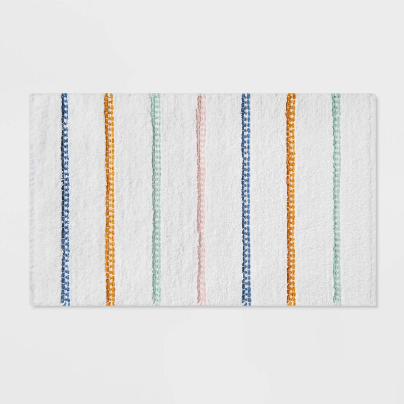 slide 1 of 4, Striped Kids' Bath Rug White/Blue - Pillowfort™: Cotton Woven Bath Mat, Kids Bathroom Decor, 1'8"x2'10", 1 ct