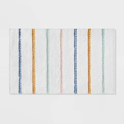 Striped Kids' Bath Rug White/Blue - Pillowfort™: Cotton Woven Bath Mat, Kids Bathroom Decor, 1'8"x2'10"