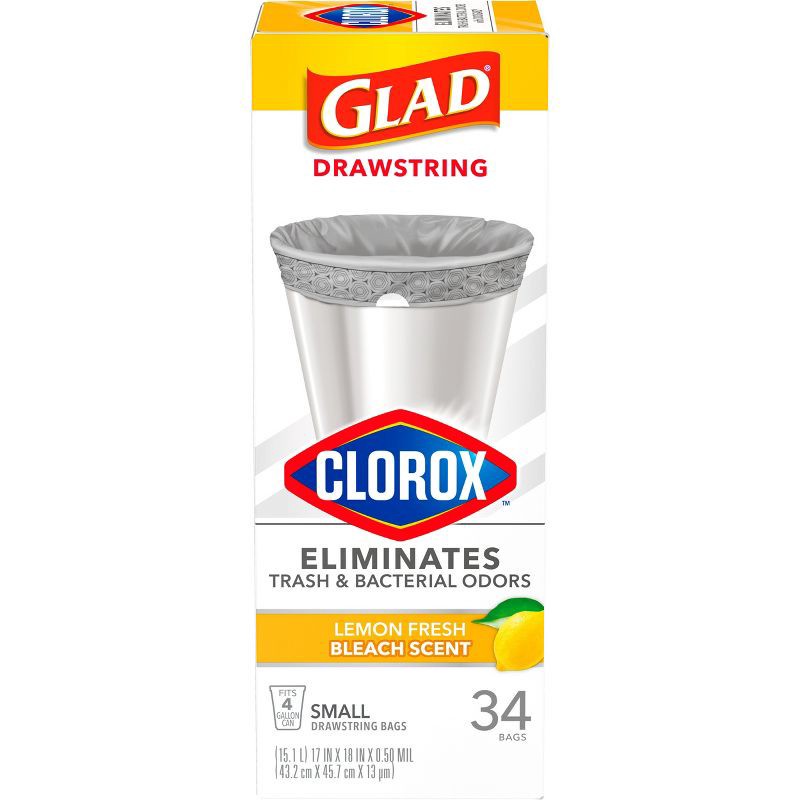 slide 2 of 11, Glad Drawstring Small Trash Bags - Lemon Fresh Bleach - 4gal - 34ct, 34 ct; 4 gal