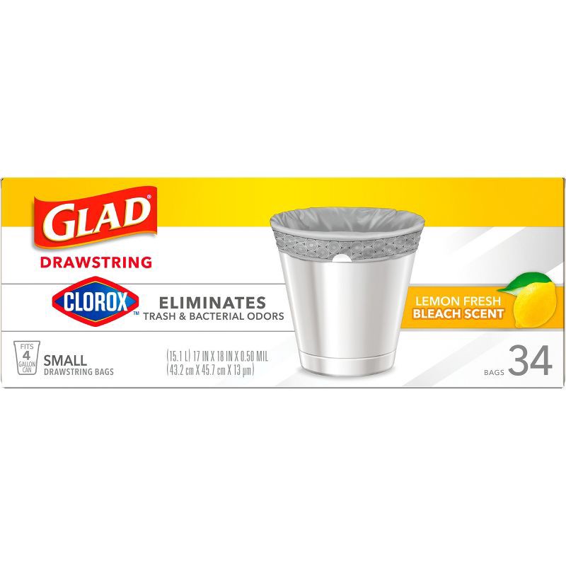 slide 8 of 11, Glad Drawstring Small Trash Bags - Lemon Fresh Bleach - 4gal - 34ct, 34 ct; 4 gal