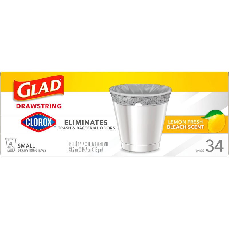 slide 11 of 11, Glad Drawstring Small Trash Bags - Lemon Fresh Bleach - 4gal - 34ct, 34 ct; 4 gal