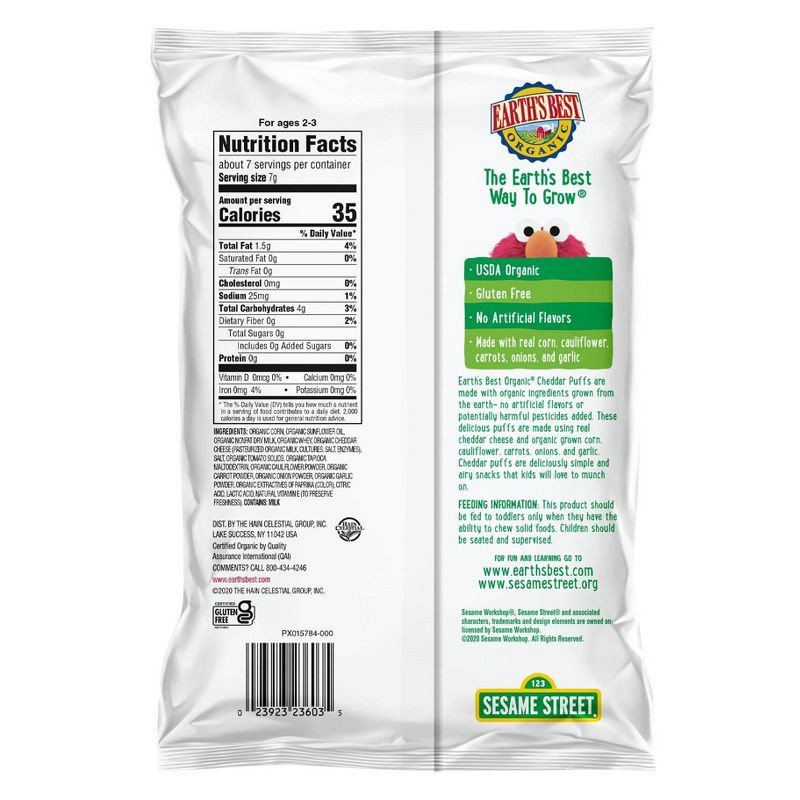 slide 2 of 10, Earth's Best Organic Veggie Cheddar Puffs Baby & Toddler Snacks Sesame Street - 1.55oz, 1.55 oz