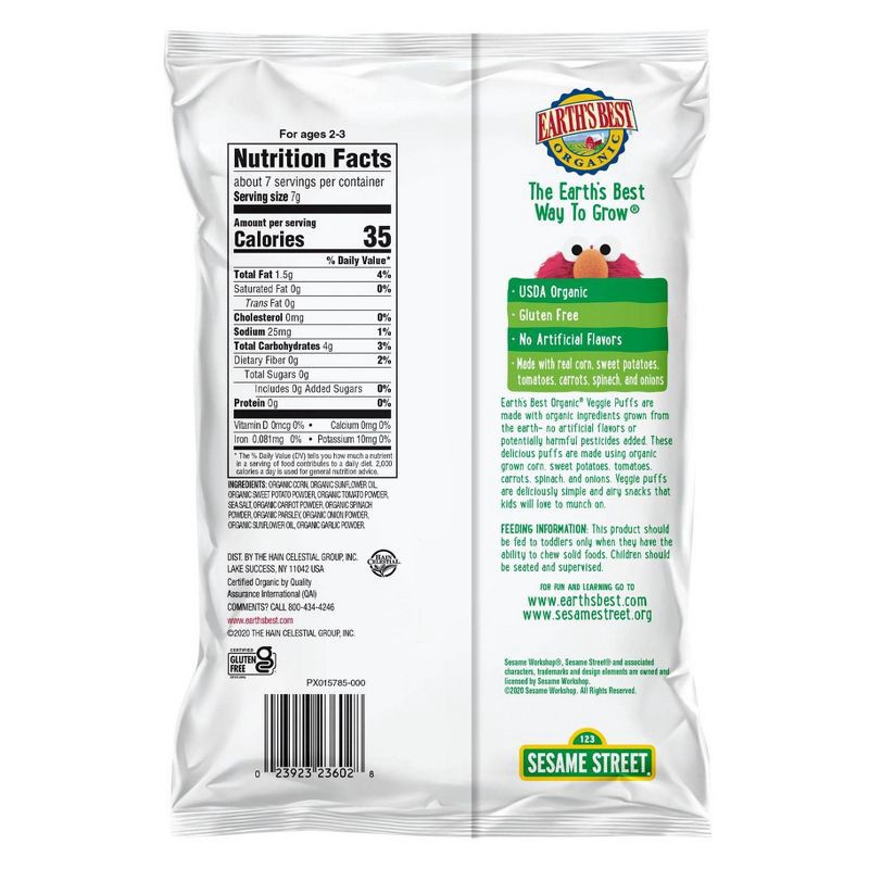 slide 2 of 10, Earth's Best Organic Veggie Puffs Baby Snacks Baby & Toddler Snacks Sesame Street - 1.55oz, 1.55 oz