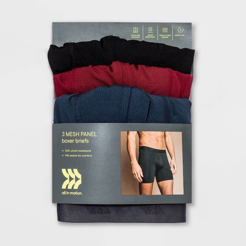 slide 2 of 2, Men's Jersey Mesh Performance 3pk Boxer Briefs - All In Motion™ Black/Determined Blue/Red Resistance XXL: Recycled Polyester, Spandex, 3 ct