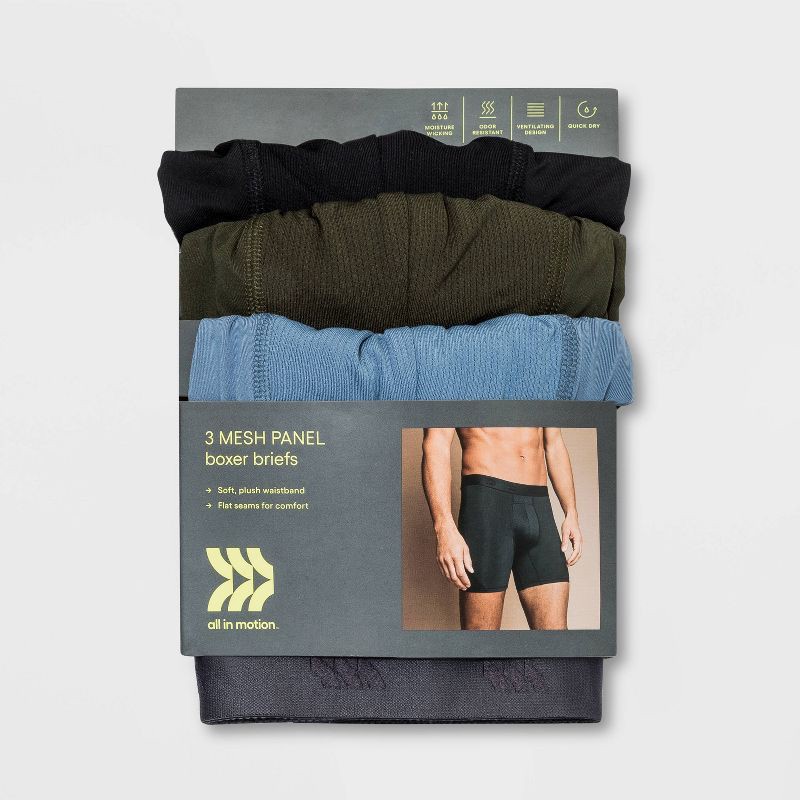 slide 2 of 2, Men's Jersey Mesh Performance 3pk Boxer Briefs - All In Motion™ Black/Olive/Stability Blue M: Recycled Polyester, Spandex, 3 ct