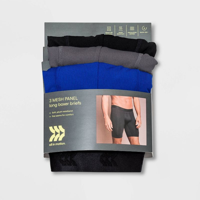 slide 2 of 2, Men's Jersey Mesh Performance 3pk Long Leg Boxer Briefs - All In Motion™ Black/Gray/Blue XL: Mid Rise, Pull-On, 3 ct