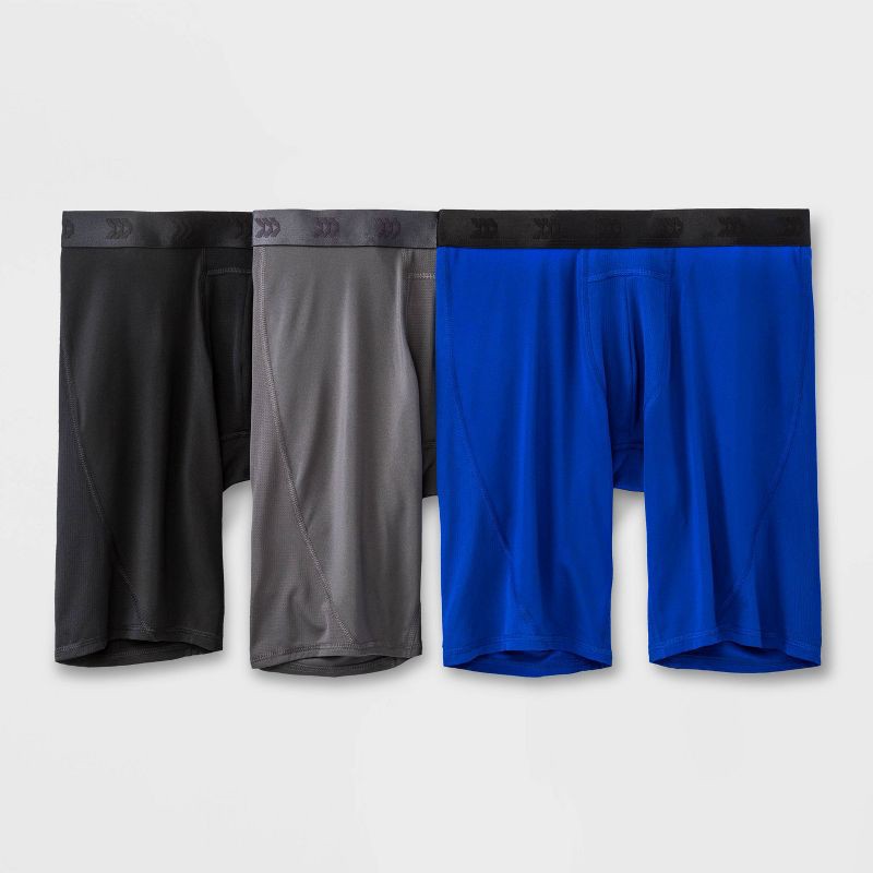 slide 1 of 2, Men's Jersey Mesh Performance 3pk Long Leg Boxer Briefs - All In Motion™ Black/Gray/Blue XL: Mid Rise, Pull-On, 3 ct