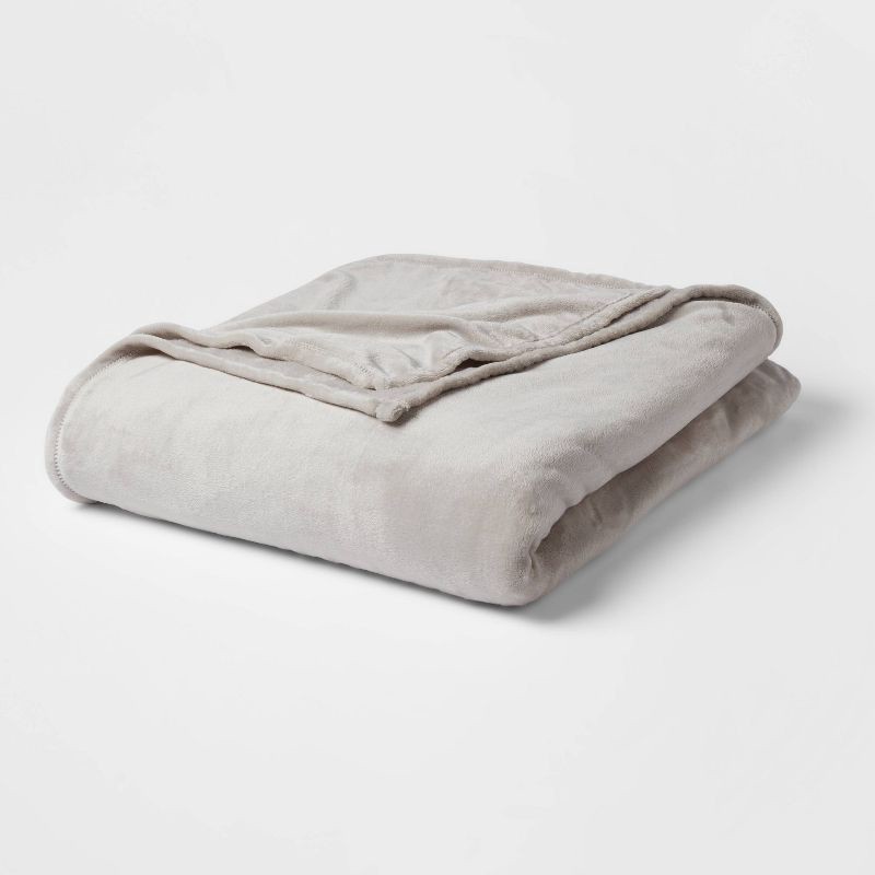 slide 1 of 3, Twin/Twin XL Solid Plush Bed Blanket Gray - Room Essentials™: Lightweight, Cozy, Machine Washable, 1 ct