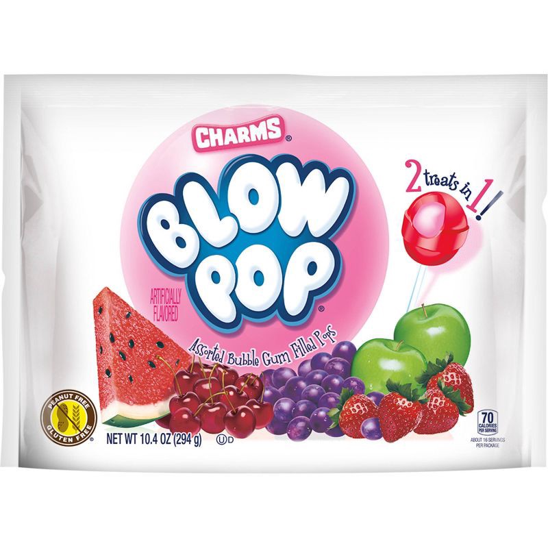 slide 1 of 6, Charms Blow Pop Assorted Flavor Lollipops Candy Standup Bag – 10.4oz, 10.4 oz