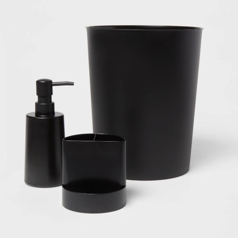 slide 1 of 5, Bath Coordinates Bundle Black - Room Essentials™: Plastic Hand Washable, Includes Wastebasket & Soap Dispenser, 1 ct