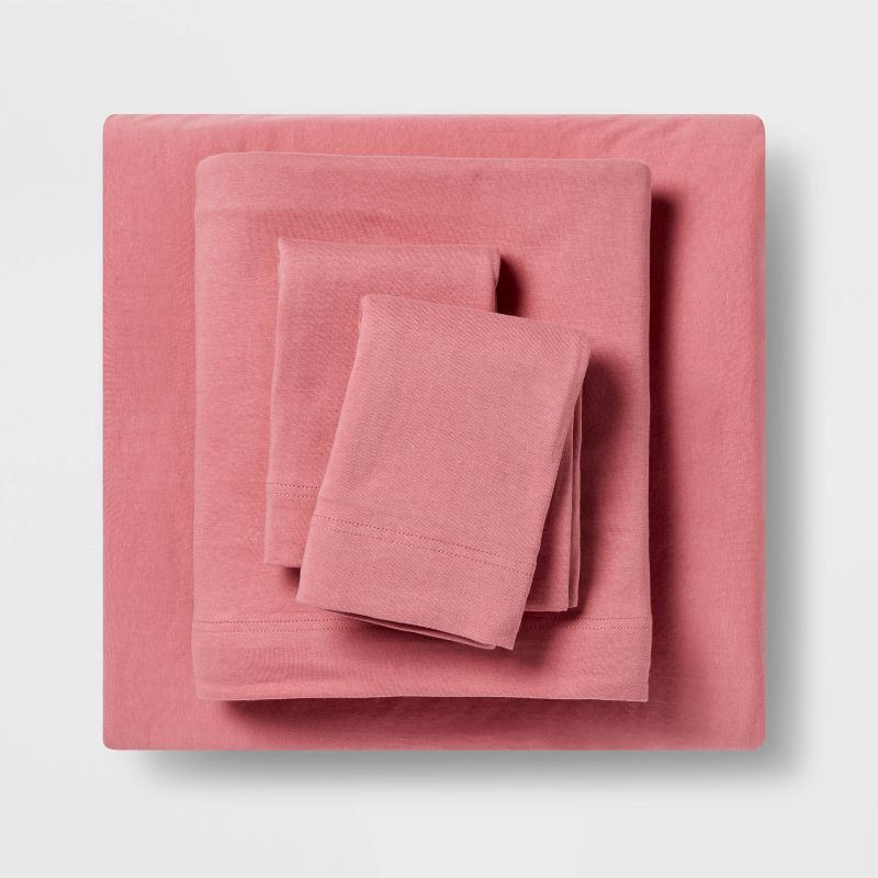 slide 1 of 4, Queen Solid Jersey Sheet Set Pink - Room Essentials, 1 ct