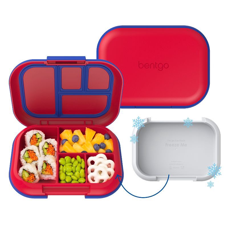 slide 1 of 9, Bentgo Kids' Chill Lunch Box, Bento-Style Solution, 4 Compartments & Removable Ice Pack - Red/Royal: BPA-Free, Leakproof Design for Ages 3-7, 1 ct
