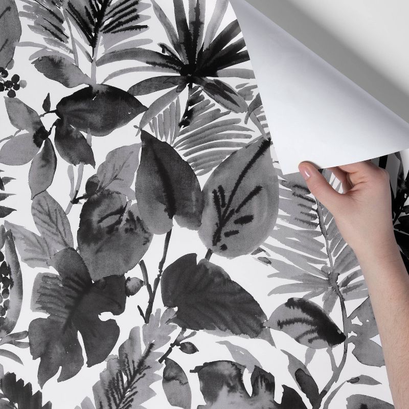 slide 4 of 4, Tropical Leaves Peel & Stick Wallpaper Black/White - Opalhouse™: Removable Vinyl, Botanical Leaf Pattern, 27.5 Sq Ft Coverage, 27.5 sq ft