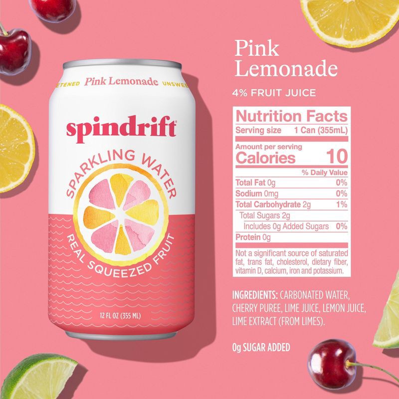 slide 2 of 6, Spindrift Pink Lemonade Sparkling Water - 8pk/12 fl oz Cans, 8 ct; 12 fl oz