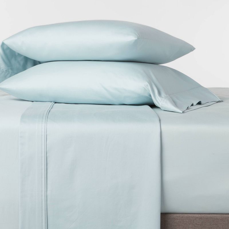 slide 2 of 4, Queen Solid Performance 400 Thread Count Sheet Set Light Blue - Threshold™: Cotton Woven, Includes 2 Pillowcases & Fitted Sheet, 1 ct