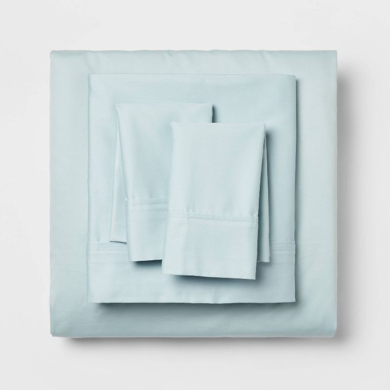 slide 1 of 4, Queen Solid Performance 400 Thread Count Sheet Set Light Blue - Threshold™: Cotton Woven, Includes 2 Pillowcases & Fitted Sheet, 1 ct