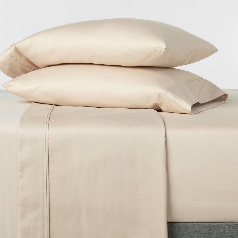 slide 2 of 4, Full Solid Performance 400 Thread Count Sheet Set True Khaki - Threshold™: Cotton Sateen, Includes 2 Pillowcases & Fitted Sheet, 1 ct