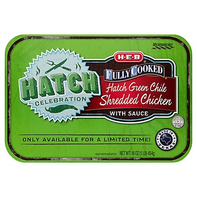 slide 1 of 1, H-E-B Fully Cooked Hatch Green Chili Shredded Chicken with Sauce, 16 oz