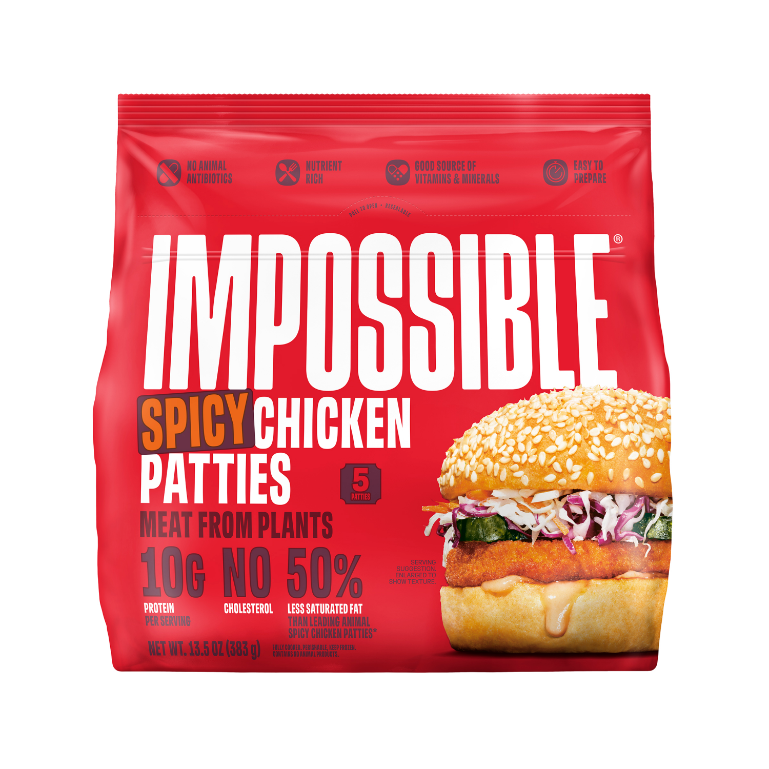 slide 1 of 2, Impossible™ Spicy Chicken Patties Meat From Plants, Frozen, Fully Cooked, 5 Patties, 13.5 oz, 5 ct