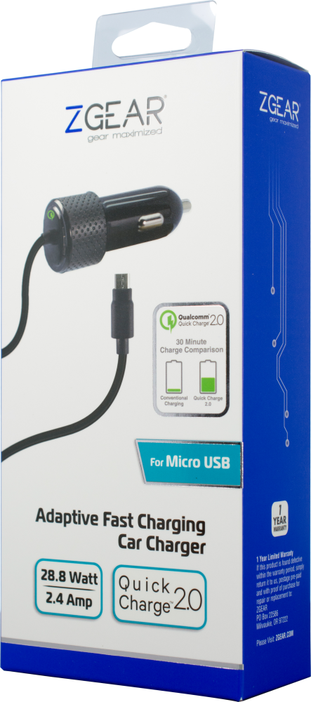 slide 2 of 2, Zgear 28.8-Watt 2.4-Amp Adaptive Fast Charging Car Charger For Micro Usb - Black, 1 ct