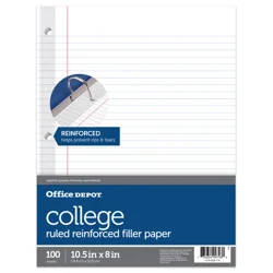 Office Depot® Brand Reinforced Filler Paper, 8"" x 10-1/2"", College Ruled, White, Pack Of 100 Sheets