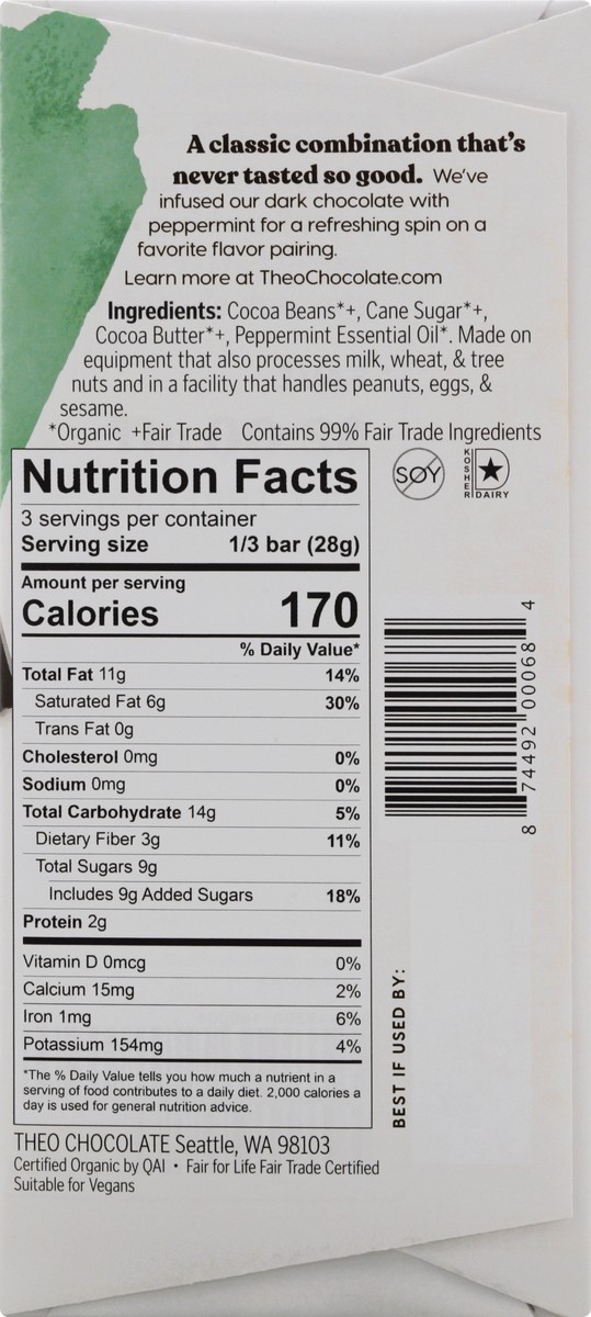 slide 3 of 13, Theo Organic 70% Mint Dark Chocolate 3 oz, 3 oz