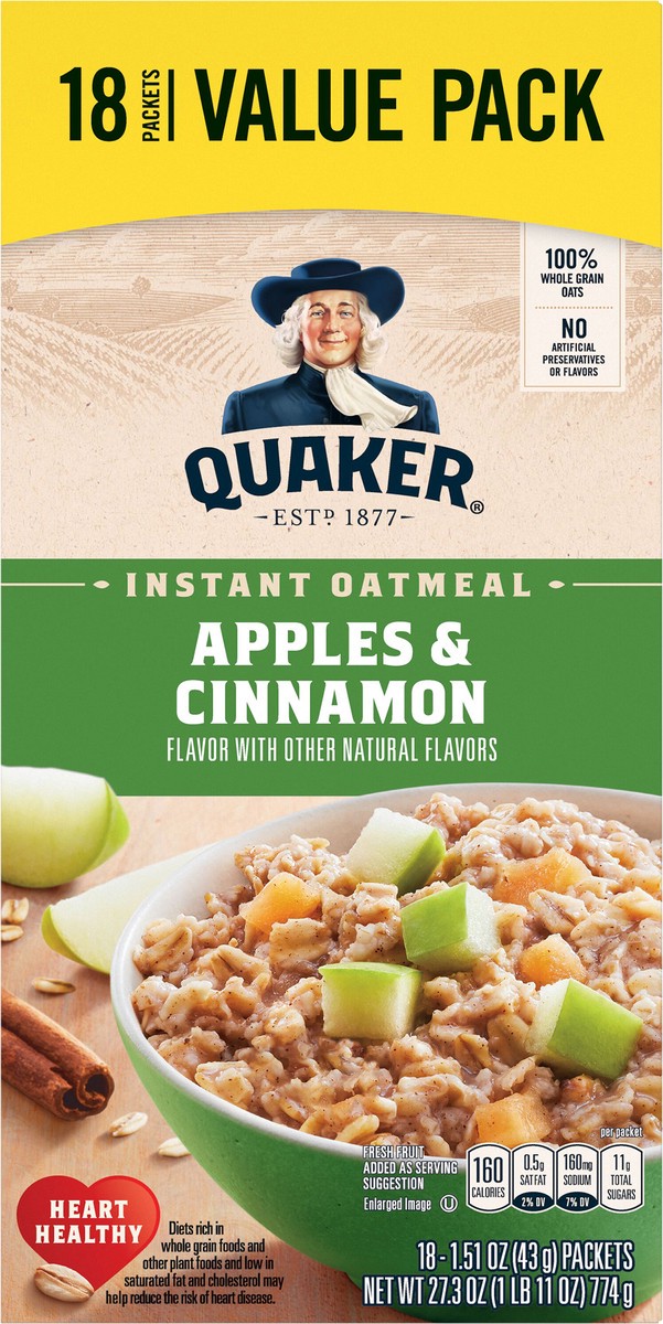 slide 1 of 6, Quaker Instant Oatmeal Apple Cinnamon - 8ct, 18 ct