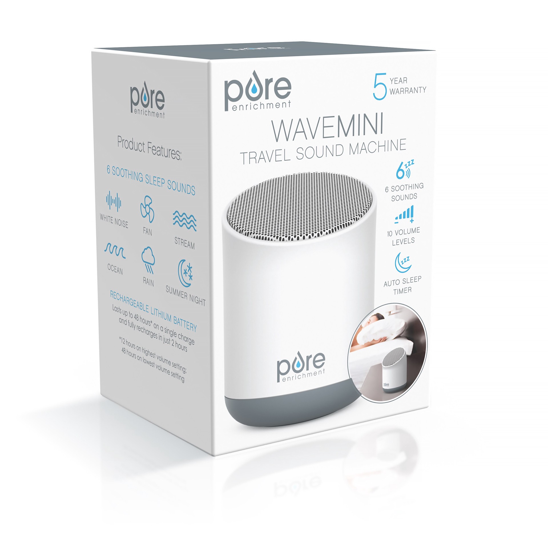slide 6 of 7, Pure Enrichment Wave Mini Wireless Sound Machine - Built-In Rechargeable Lithium Battery, 48 Hour Run Time, 6 Soothing All-Natural Sounds, Optional Timer, And Storage Bag - Great For Travel, 1 ct