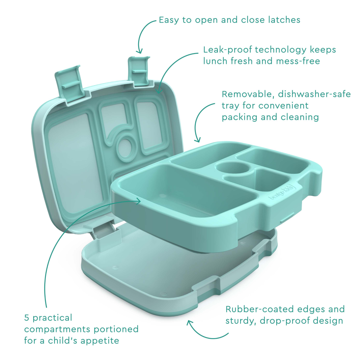 slide 5 of 5, Bentgo Kids Leak-Proof, 5-Compartment Bento-Style Kids Lunch Box - Seafoam, 1 ct