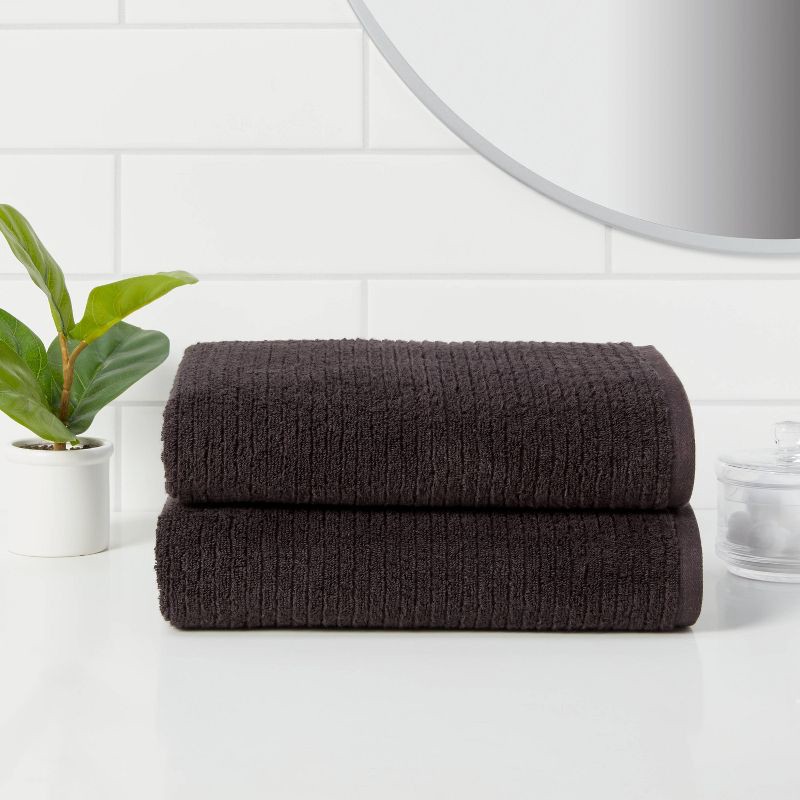 slide 2 of 4, 2pk Quick Dry Ribbed Bath Towel Set Washed Black - Threshold™: Cotton Terry, Midweight, OEKO-TEX Certified, 2 ct