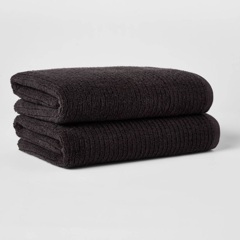 slide 1 of 4, 2pk Quick Dry Ribbed Bath Towel Set Washed Black - Threshold™: Cotton Terry, Midweight, OEKO-TEX Certified, 2 ct