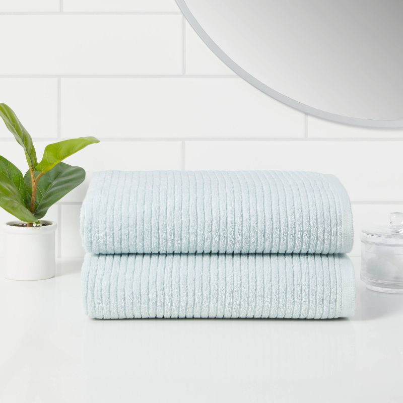 slide 2 of 4, 2pk Quick Dry Ribbed Bath Towel Set Aqua - Threshold™: Cotton Terry, Midweight 450-550 GSM, Machine Washable, 2 ct